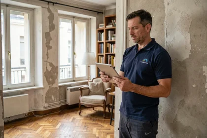 Diagnostiqueur immobilier professionnel inspectant les murs d'un appartement parisien avec une tablette numérique lors d'un diagnostic obligatoire en 2024