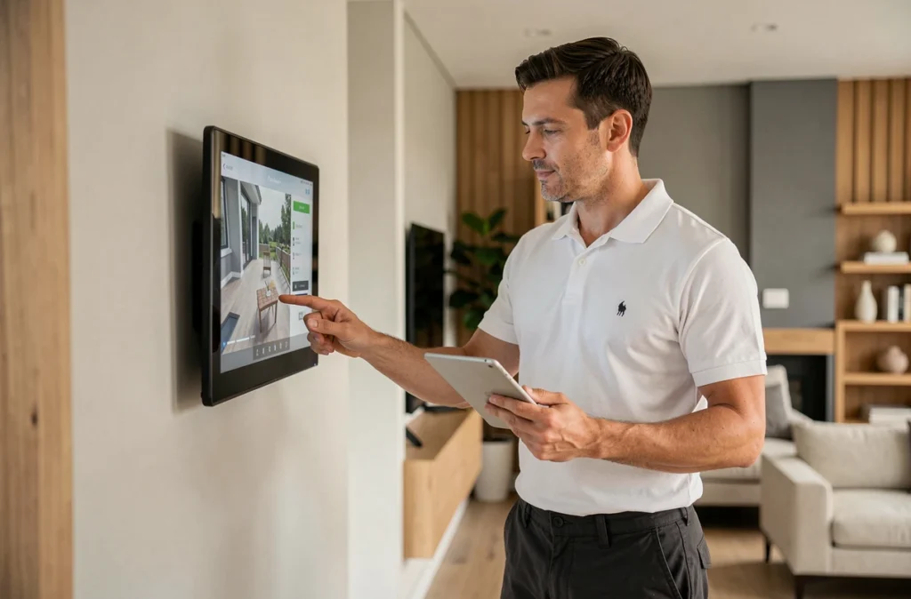 Technicien Domotycite programmant un panneau de domotique intelligent dans un intérieur moderne et minimaliste
