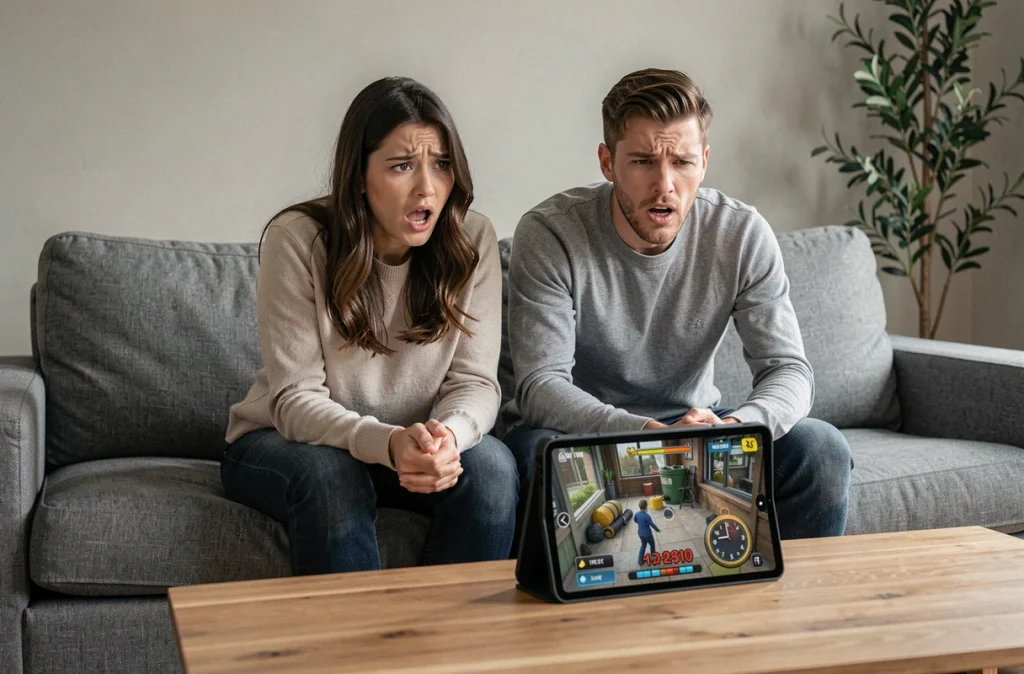 Deux amis adultes jouant ensemble à un jeu de désamorçage de bombe sur tablette dans un salon cosy