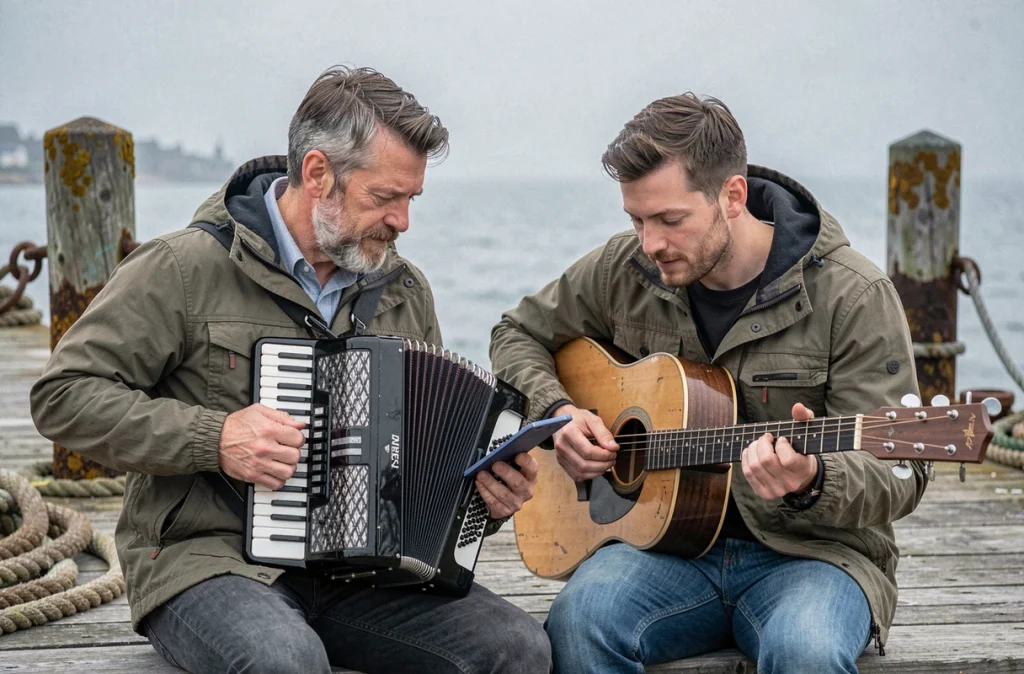 Deux musiciens apprenant des tablatures Santiano sur smartphone au bord d'un quai maritime breton avec accordéon et guitare