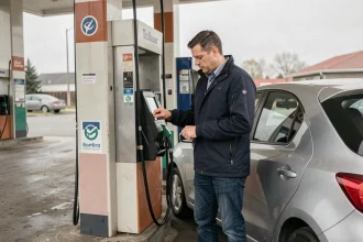 Homme faisant le plein de carburant à la station-service en surveillant attentivement le compteur de la pompe