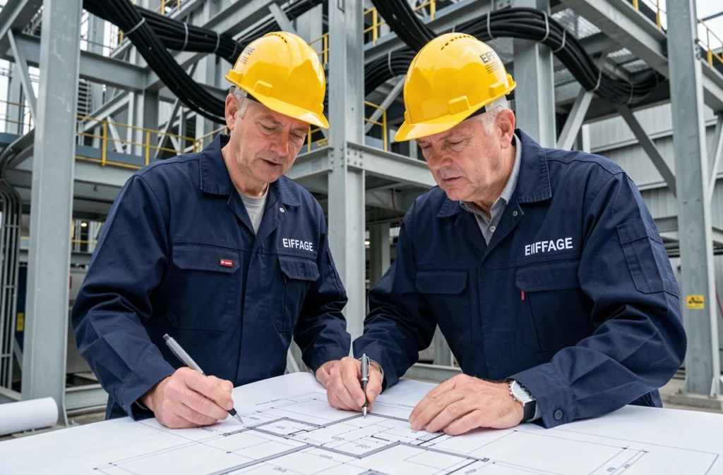 Ingénieurs d'Eiffage Énergie Systèmes agence de Rennes consultant des plans techniques devant une installation industrielle