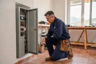 Électricien professionnel travaillant sur un tableau électrique dans un appartement rénové des Alpes-Maritimes