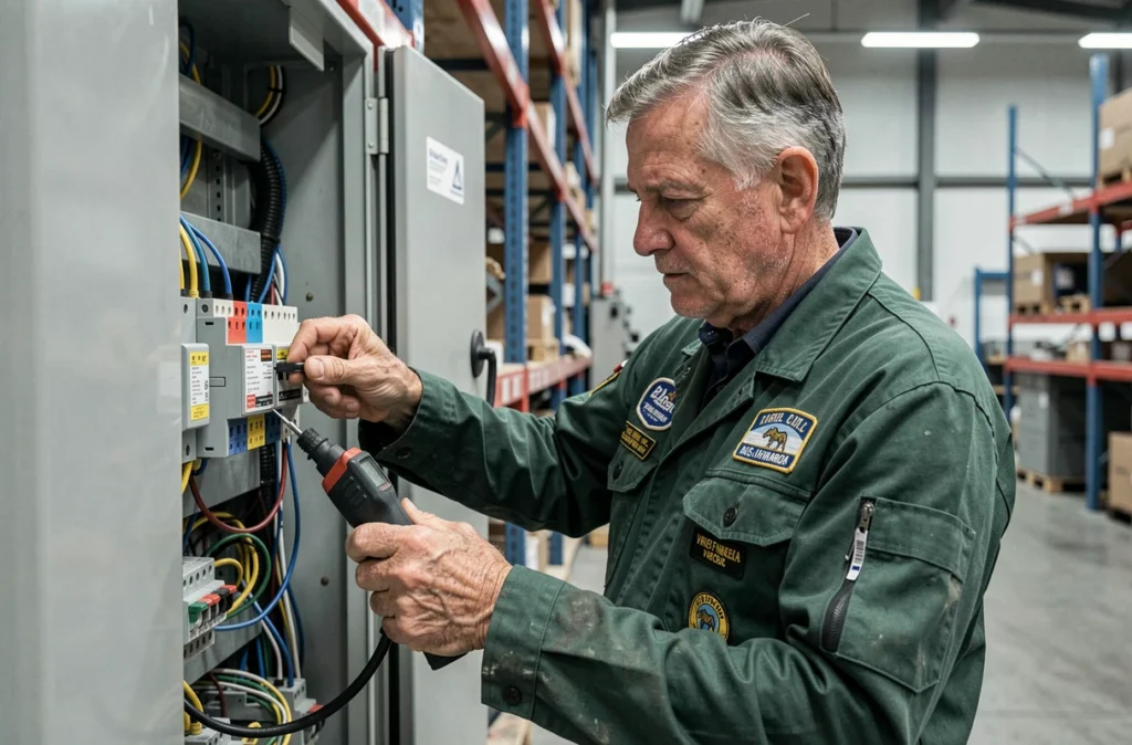Électricien expérimenté d'Électricité Générale Lefeuvre inspectant une armoire électrique industrielle dans un atelier à Rennes