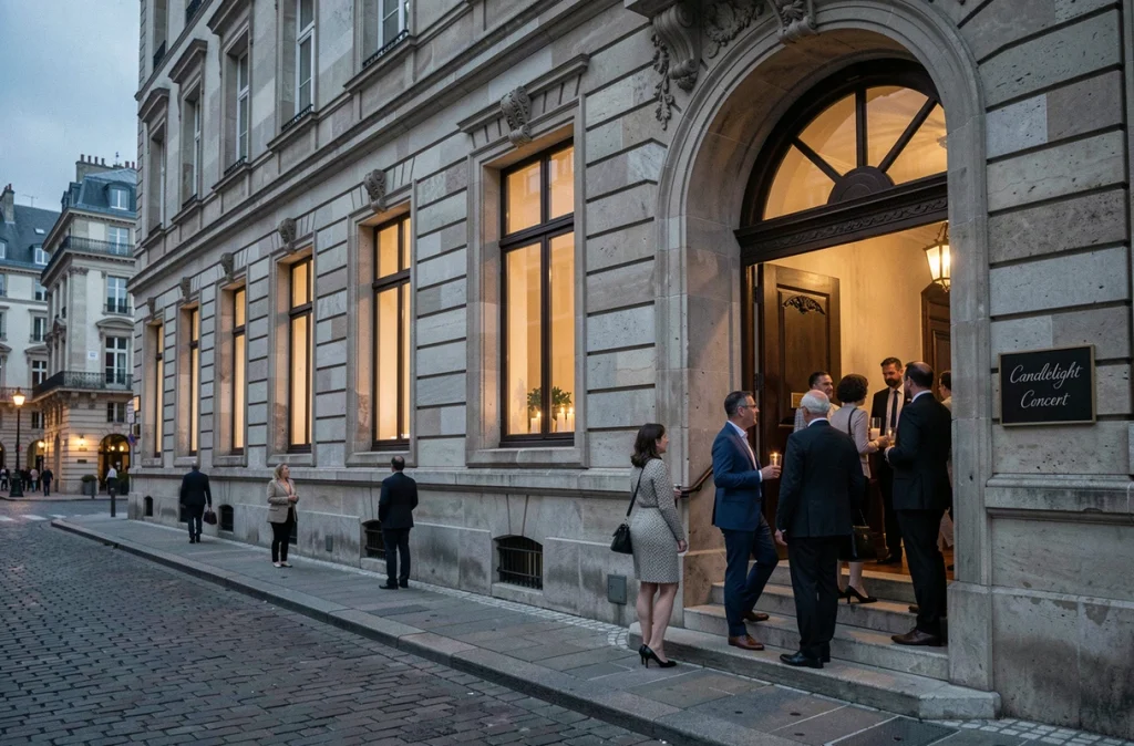 Entrée d'un bâtiment historique lyonnais au crépuscule avec des spectateurs arrivant pour un concert Candlelight en 2026