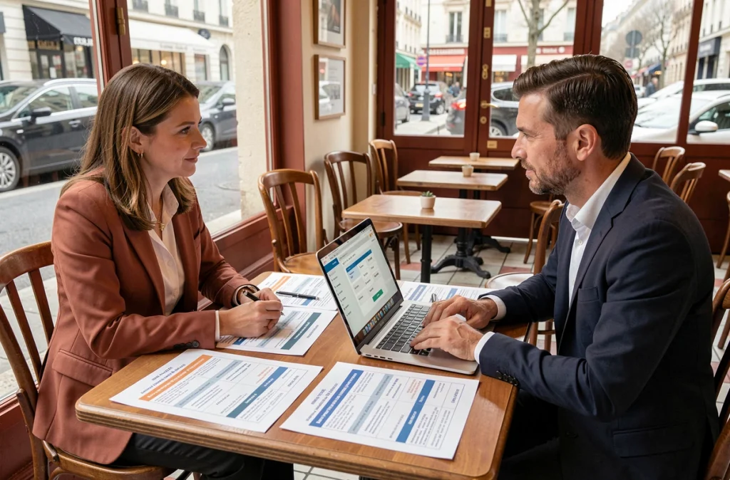 Deux entrepreneurs comparant les tarifs professionnels d'une plateforme locale autour d'une table de café à Paris