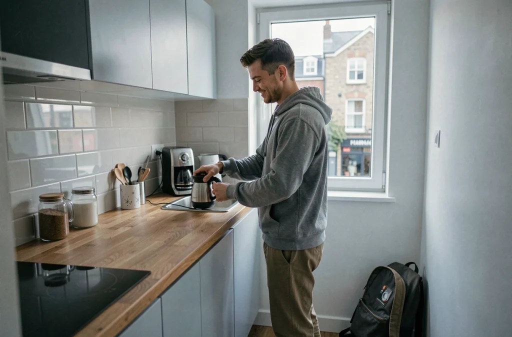 Étudiant préparant un café dans la cuisine d'un logement meublé en location