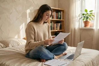 Étudiante travaillant dans un appartement meublé confortable avec bureau et étagères de livres