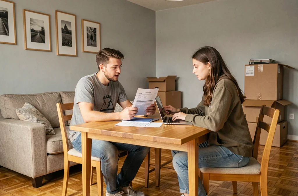 Deux étudiants examinant un contrat de location meublée dans leur appartement partagé