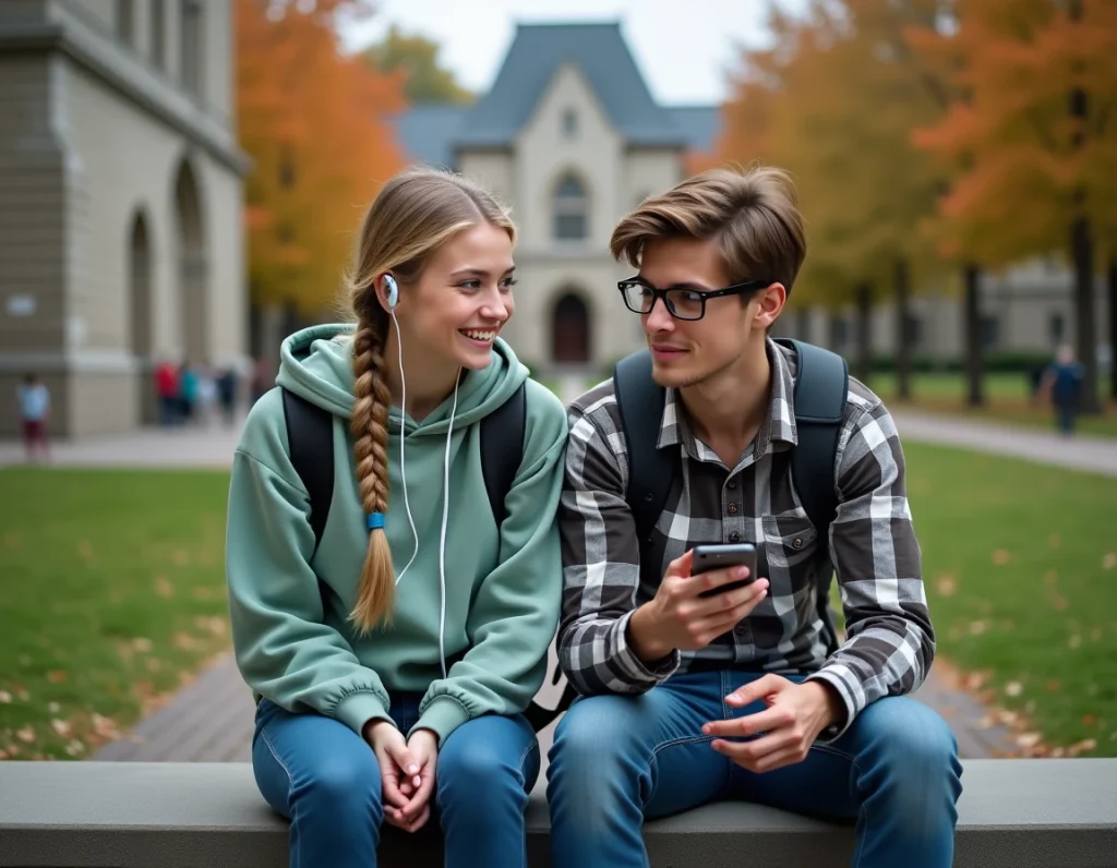 Deux étudiants partageant des écouteurs sur un campus, illustrant les différences entre écouter attentivement et simplement entendre