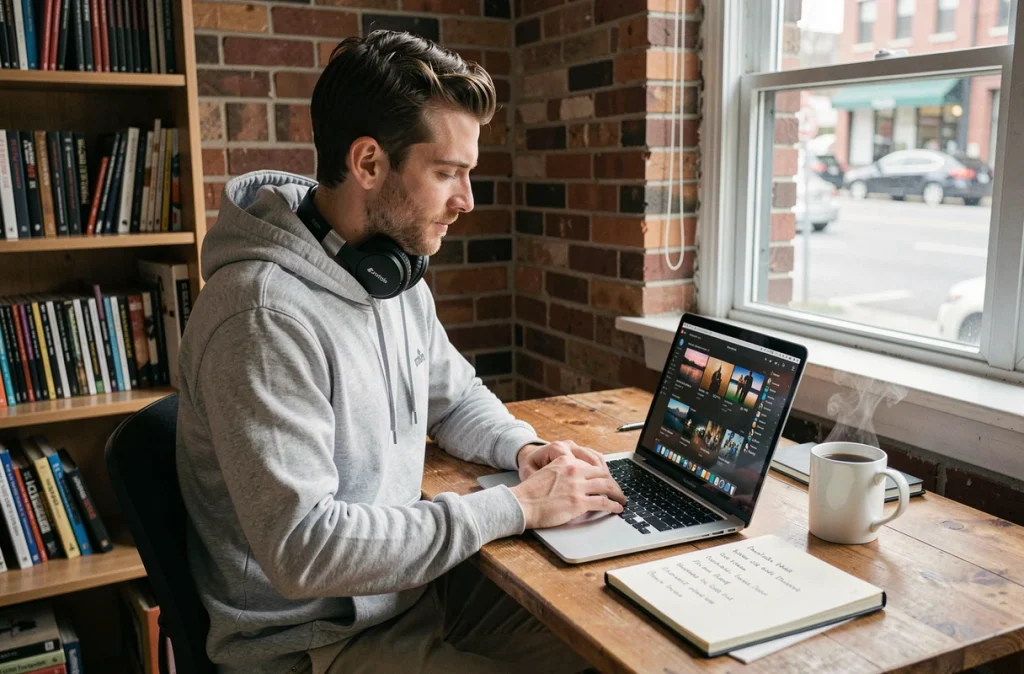 Homme explorant des groupes musicaux anglais sur un ordinateur portable dans un bureau à domicile