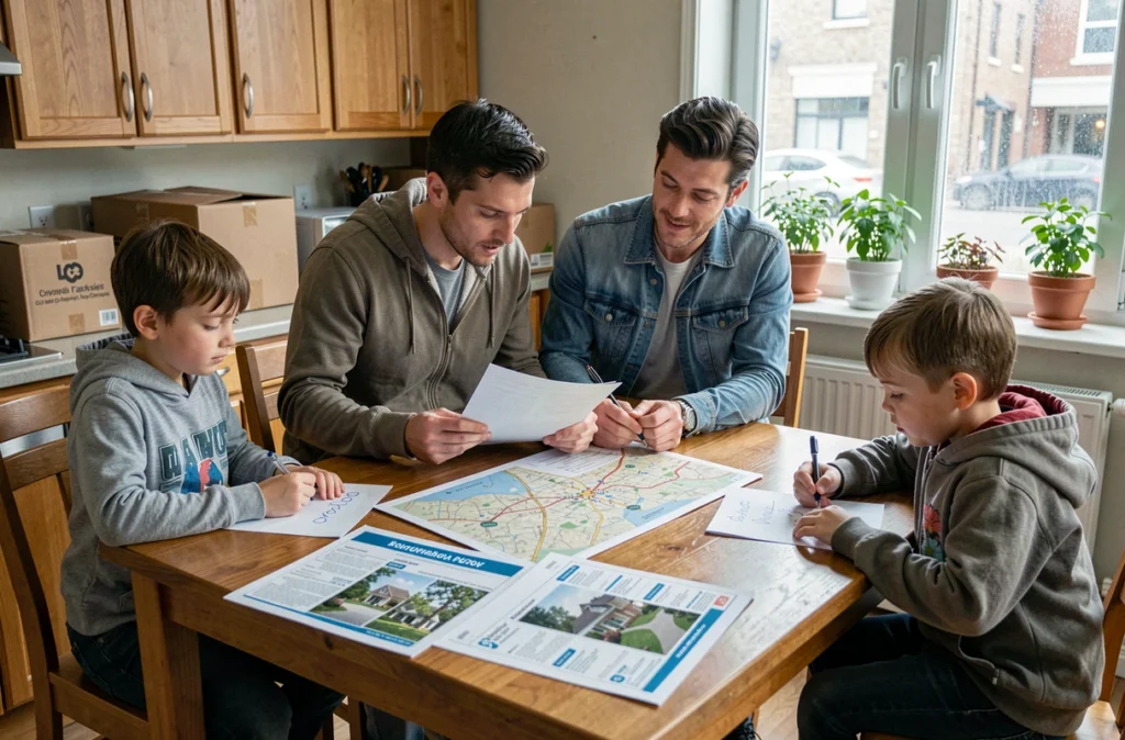 Famille avec enfants planifiant un déménagement vers une maison plus grande autour d'une table de cuisine
