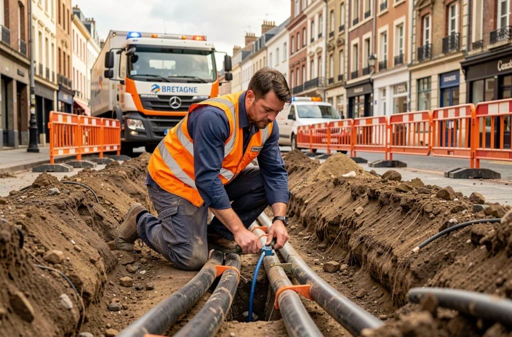 Électricien de Fauche Bretagne installant des conduits électriques souterrains sur un chantier de rue à Rennes
