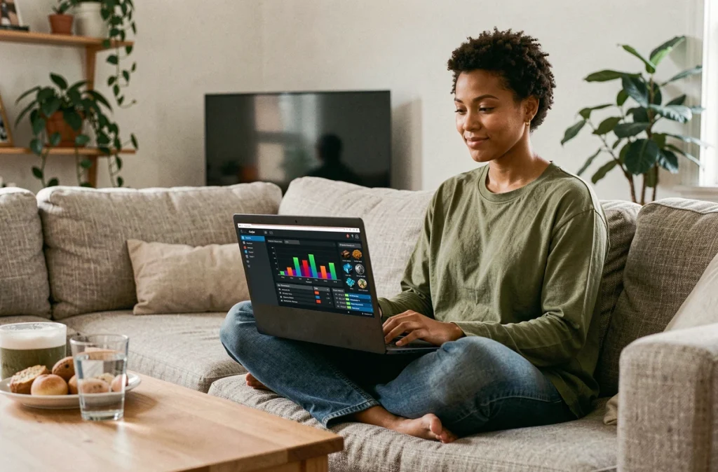 Jeune femme optimisant son économie dans Aeonscope sur un ordinateur portable depuis son salon