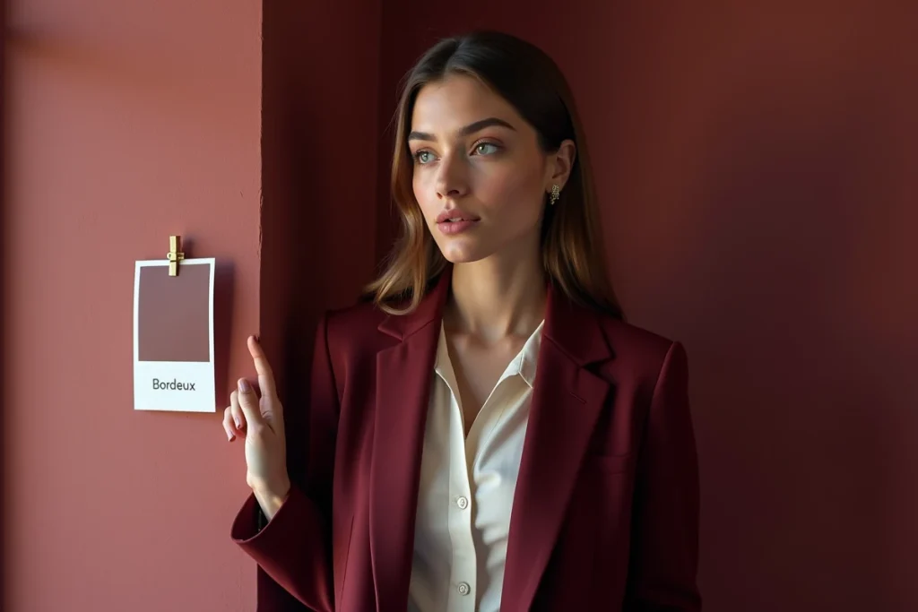 Femme portant un blazer bordeaux devant un mur peint en bordeaux avec une carte de nuancier comparant les termes bordeaux et burgundy