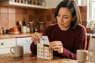 Femme ouvrant une case du calendrier de l'Avent Française des Jeux à une table de cuisine en bois