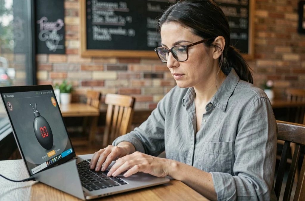 Femme portant des lunettes réalisant une erreur dans un jeu de logique en ligne avec minuterie dans un café