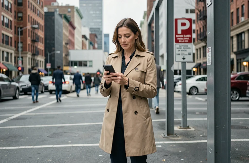 Femme investisseuse devant l'entrée d'un parking extérieur en ville consultant son smartphone