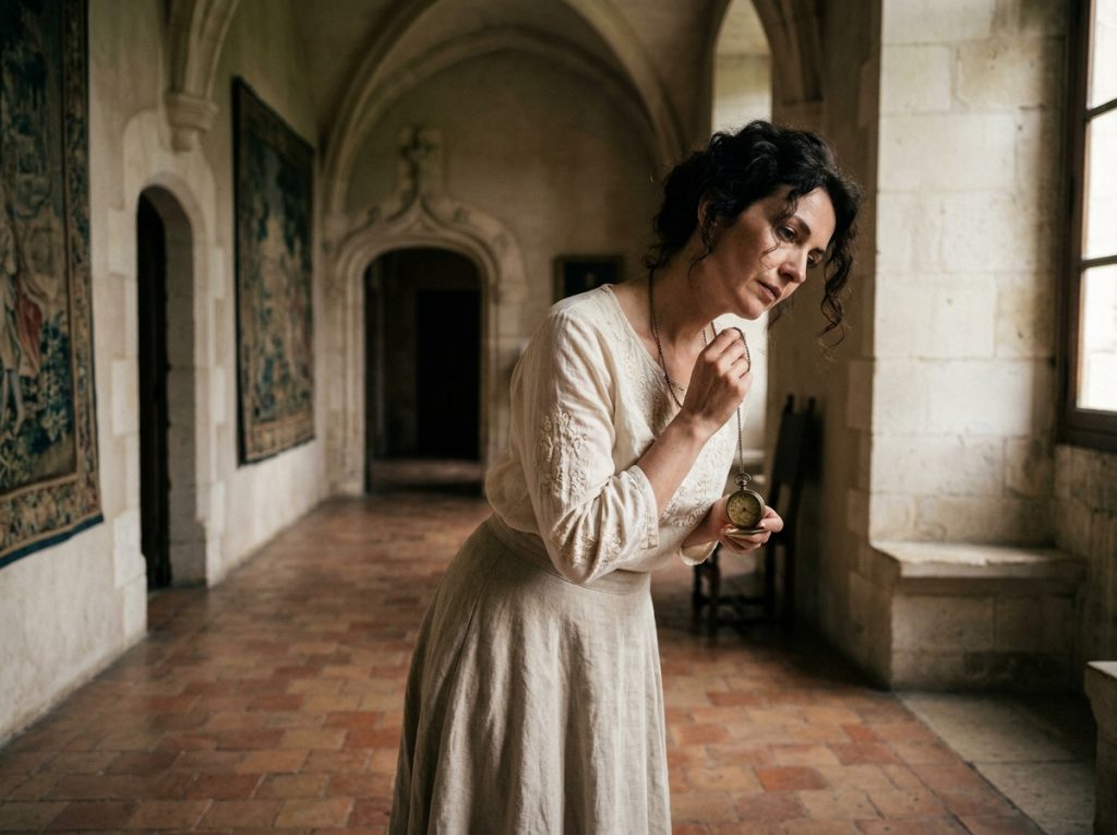 Femme contemplant une montre à gousset ancienne dans le couloir voûté d'un château historique français