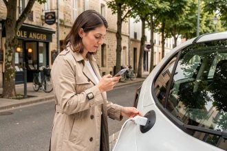 Femme branchant une voiture électrique dans une rue de ville moyenne française avec commerces en arrière-plan