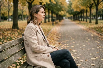 Femme seule assise sur un banc de parc en automne, regard perdu dans le vague, illustrant la solitude et l'introspection