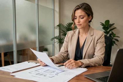 Femme cadre signant des documents immobiliers dans un bureau d'agence moderne