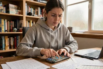 Femme concentrée cherchant la solution d'un niveau de Rooms and Exits sur son smartphone, entourée de notes manuscrites