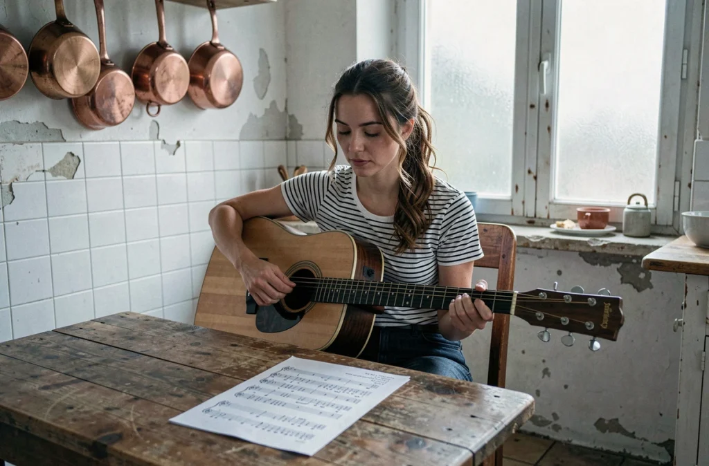Femme apprenant la guitare avec des tablatures imprimées de Santiano sans lire le solfège dans une cuisine rustique