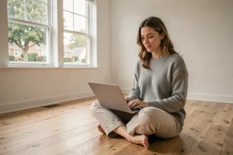 Femme en télétravail cherchant un logement sur son ordinateur portable dans un appartement vide aux grands fenêtres