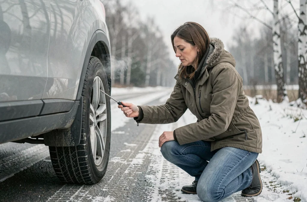 Femme vérifiant la profondeur de gomme d'un pneu hiver sur une route enneigée