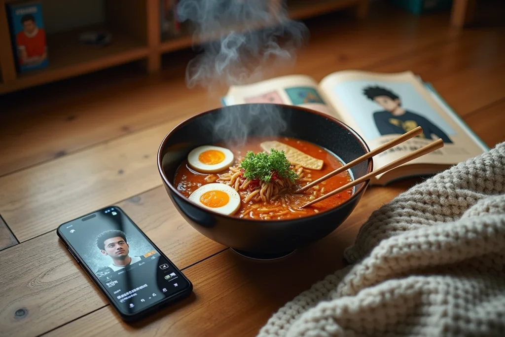 Flat lay soirée anime avec ramen chaud, manga ouvert et interface de streaming sur smartphone