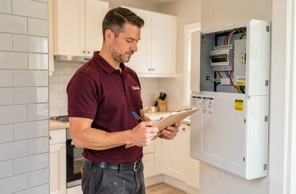 Électricien de Gauthier Électricité vérifiant un tableau électrique neuf dans une cuisine moderne rénovée à Rennes