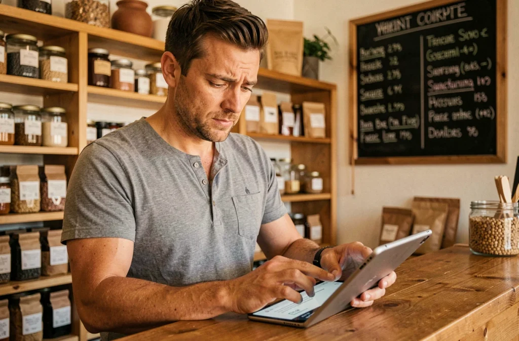 Gérant d'une boutique locale consultant les nouveaux tarifs d'un abonnement pro sur une tablette