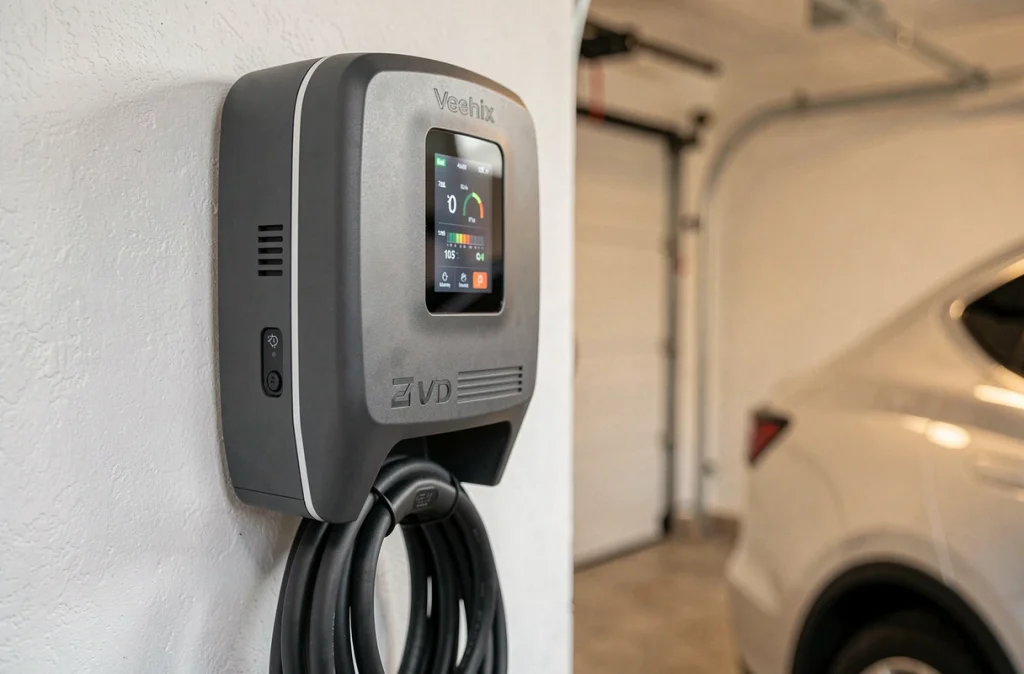 Gros plan sur une borne de recharge murale pour voiture électrique installée dans un garage avec affichage de la consommation énergétique