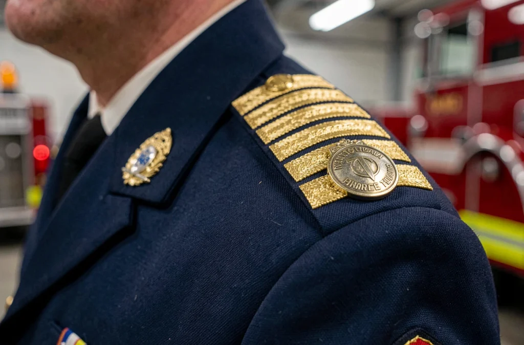 Gros plan sur les galons et insignes métalliques de grade sur l'épaule d'un uniforme de pompier