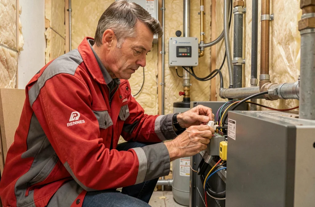 Technicien d'Hervé Thermique et Électricité Rennes travaillant sur une pompe à chaleur connectée à des conduits électriques