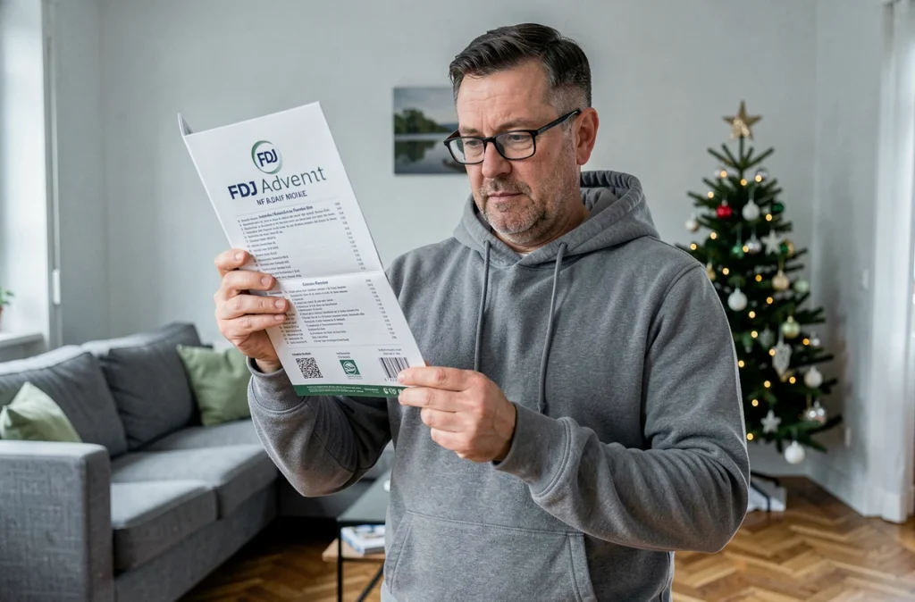 Homme analysant les conditions du calendrier de l'Avent FDJ 2026 dans un salon décoré pour Noël