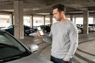 Homme consultant une application mobile de gestion de véhicule dans un parking urbain