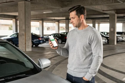 Homme consultant une application mobile de gestion de véhicule dans un parking urbain