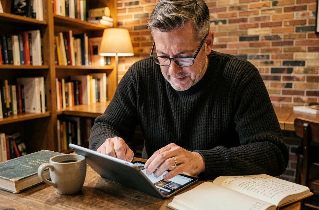Homme d'âge mûr consultant un blog non conventionnel sur une tablette dans un café librairie indépendant