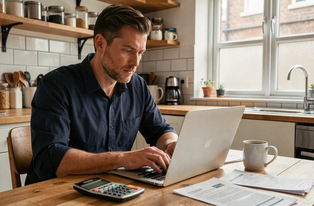 Homme comparant des offres de prêt immobilier sur ordinateur à la maison lors de son premier achat
