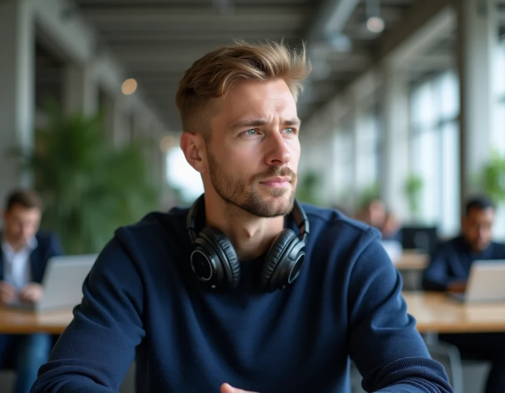 Homme distrait dans un open space portant des écouteurs, illustrant le concept d'entendre sans vraiment écouter