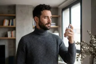 Homme élégant en pull col roulé tenant un flacon de parfum minimaliste dans un appartement contemporain, tendances parfums homme 2026