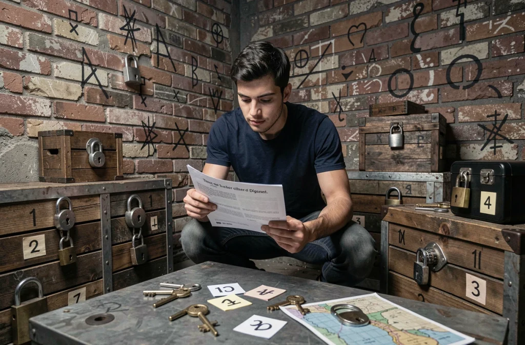 Jeune homme analysant des indices dans une salle de jeu d'évasion inspirée de Rooms and Exits avec cadenas et symboles