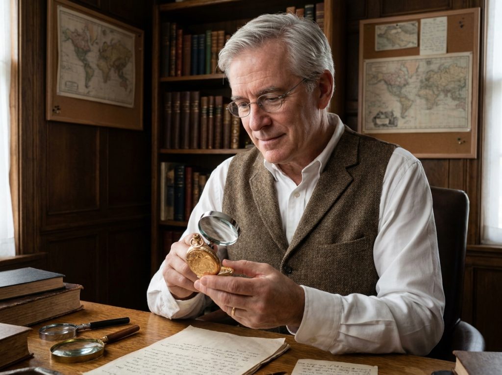 Homme passionné d'histoire tenant une montre à gousset ancienne en or dans un bureau en bois garni de livres anciens