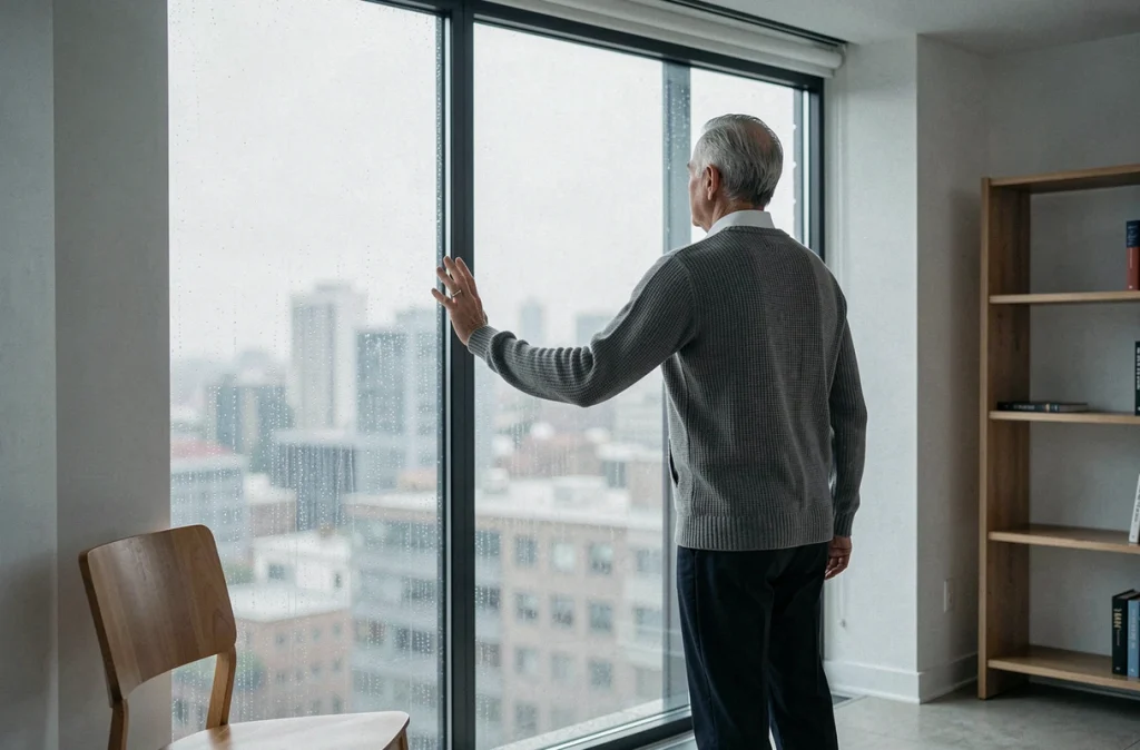 Homme âgé seul devant une fenêtre sous la pluie contemplant la ville, symbolisant la solitude silencieuse et le repli sur soi