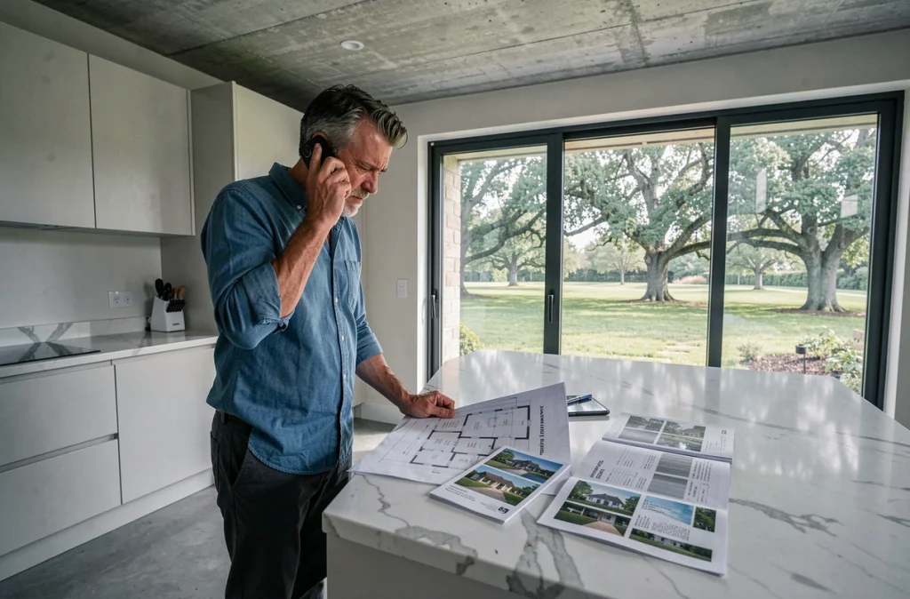 Homme en télétravail consultant des plans immobiliers dans une maison moderne à la campagne avec jardin