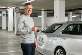 Homme souriant tenant des clés de voiture en location longue durée dans un parking résidentiel moderne