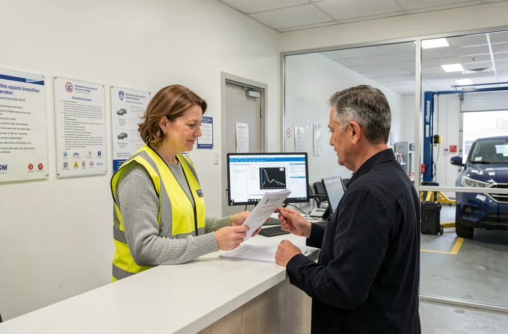 Inspectrice expliquant les nouvelles règles du contrôle technique 2024 à un automobiliste au comptoir d'un centre agréé