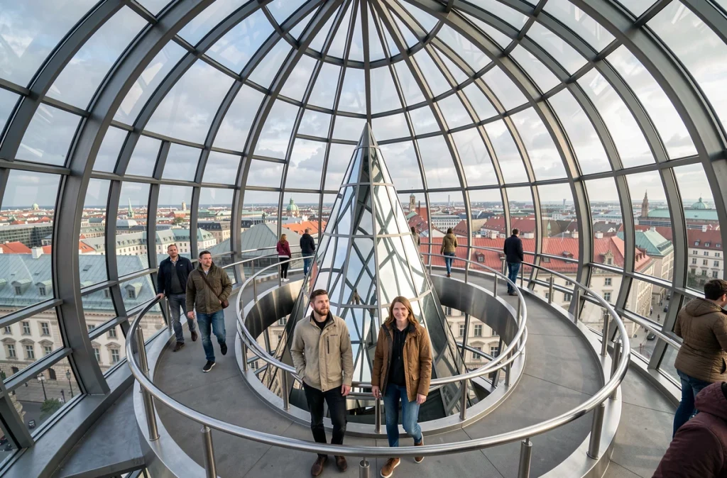 Visiteurs sur la rampe en spirale de la coupole en verre du Reichstag avec vue panoramique sur Berlin